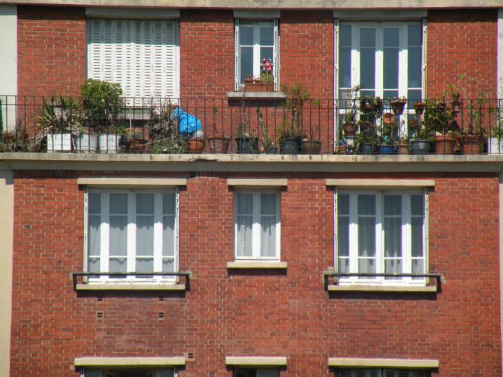  fenêtres, immeuble en brique, plantations sur balcon